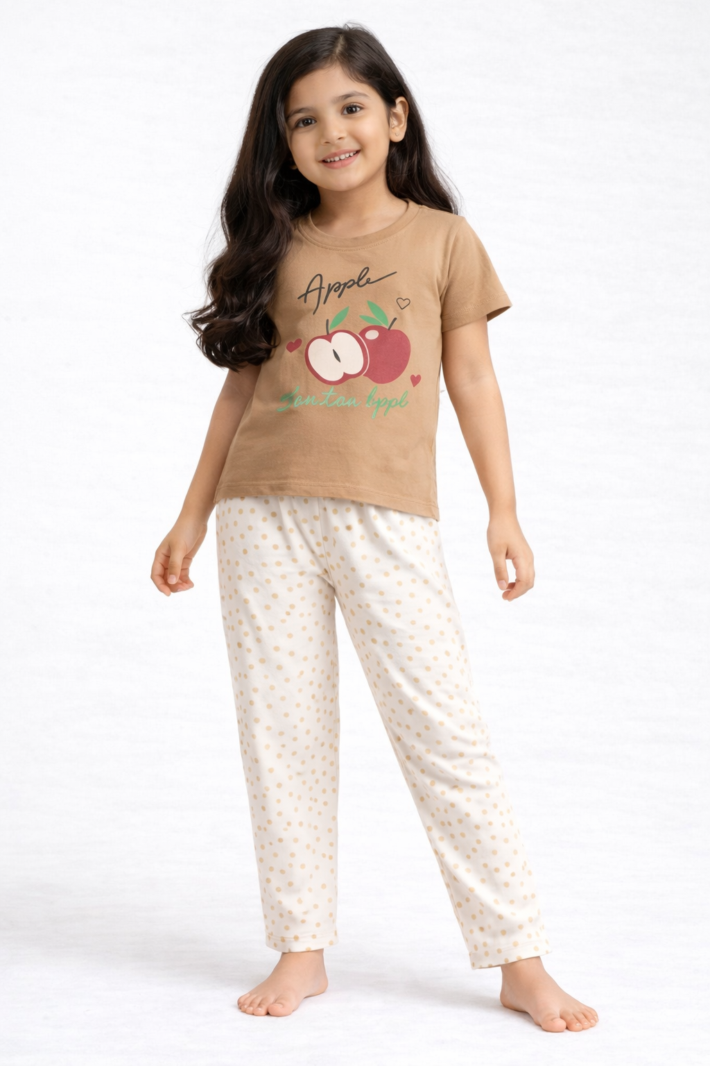 Premium Cotton Contrast Half Sleeves Pajama Set (Tan Apples-Dots)