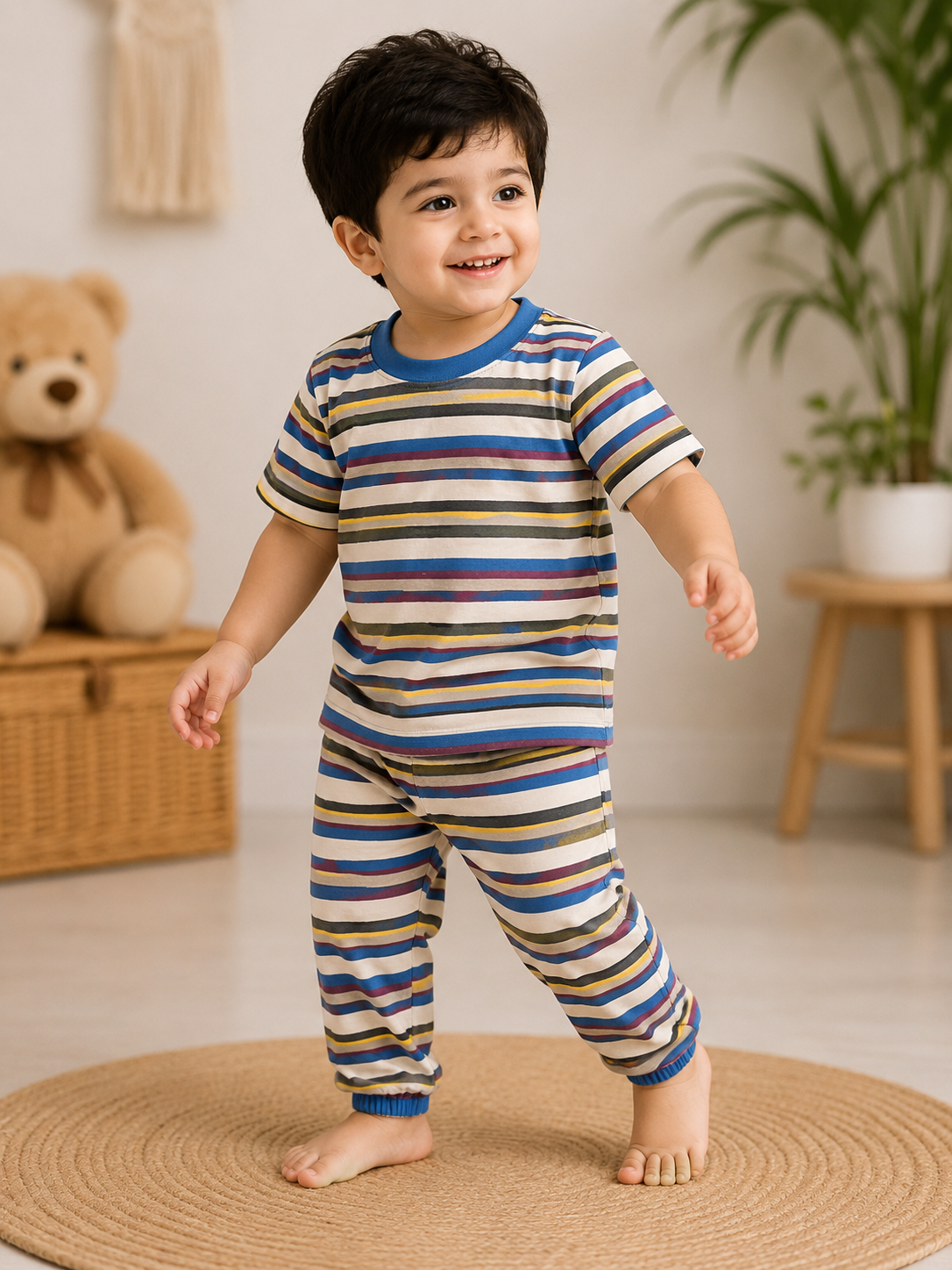 Soft Cotton Half sleeves Tshirt with Pant( Blue Yellow Stripes)