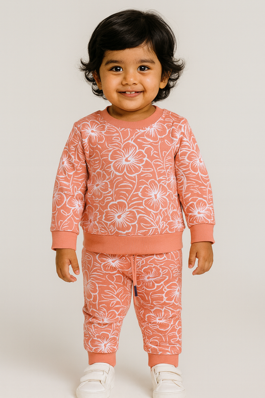 Premium Winter Full sleeves Tshirt with Pant (Orange Flowers)