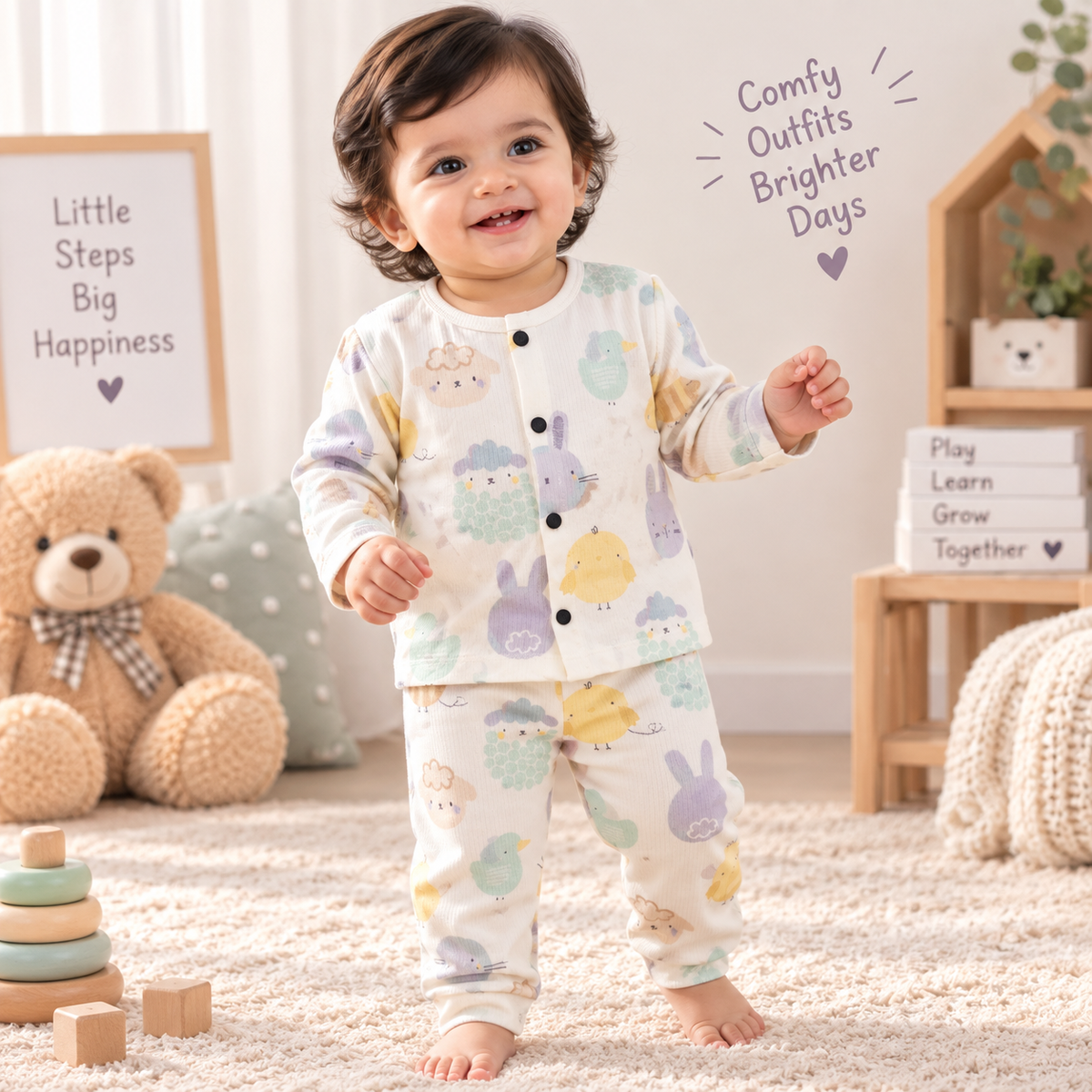 Kid's Front Open Lounge Wear Sets (Cream Yellow Toy )
