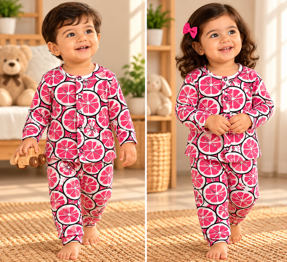 Kid's Front Open Lounge Wear Sets (Red Black Flower)
