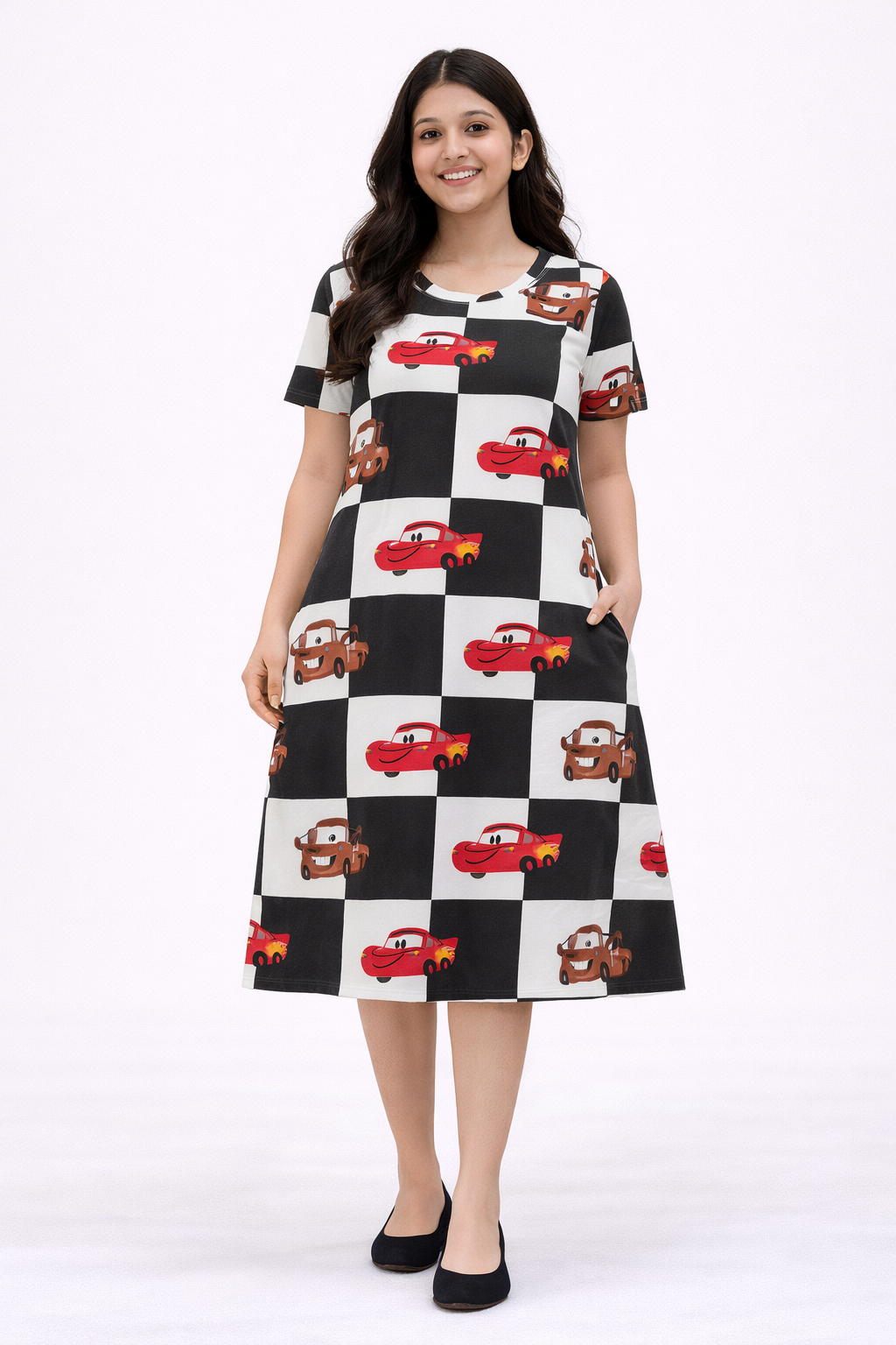 Women's Long  A-Line Top (Checks & Cars)