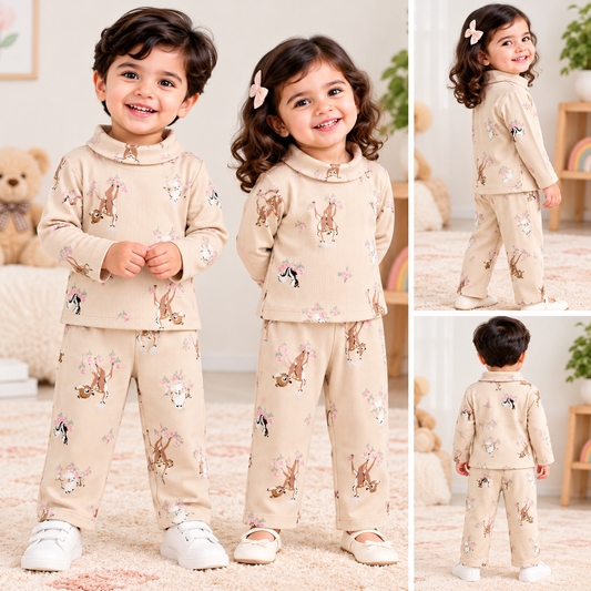 High Neck Ribbed  Full sleeves Tshirt with Pant (Deer and Rabbit)