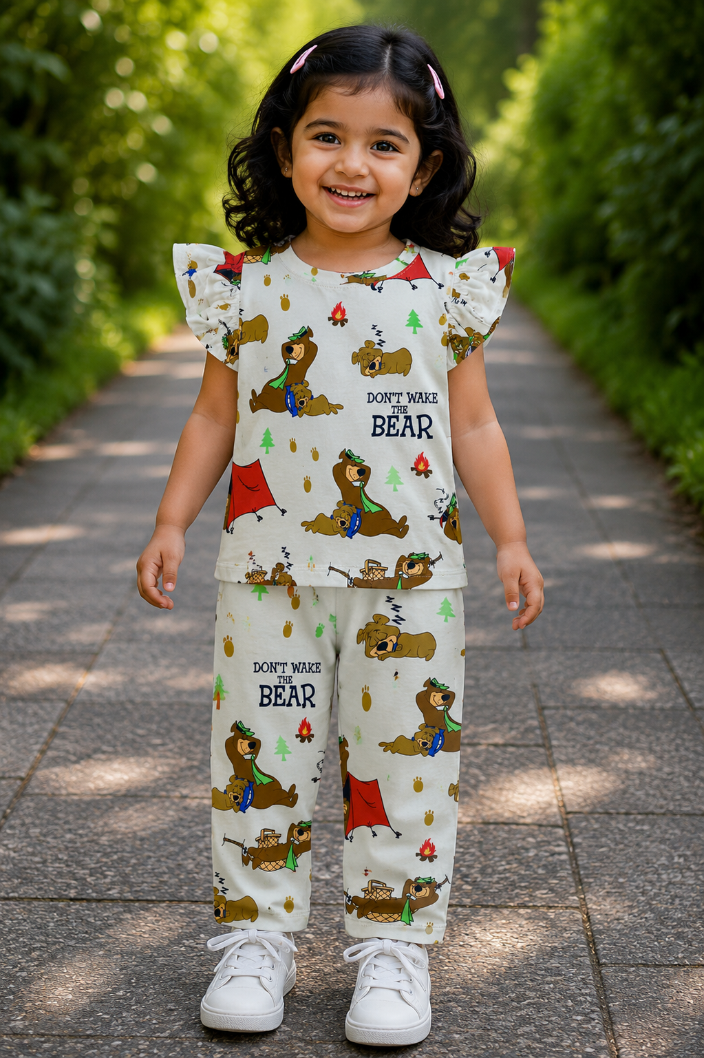 (EP004) - Girls Frill Top & Pant set (Off White Dog) (9-10 Yrs)