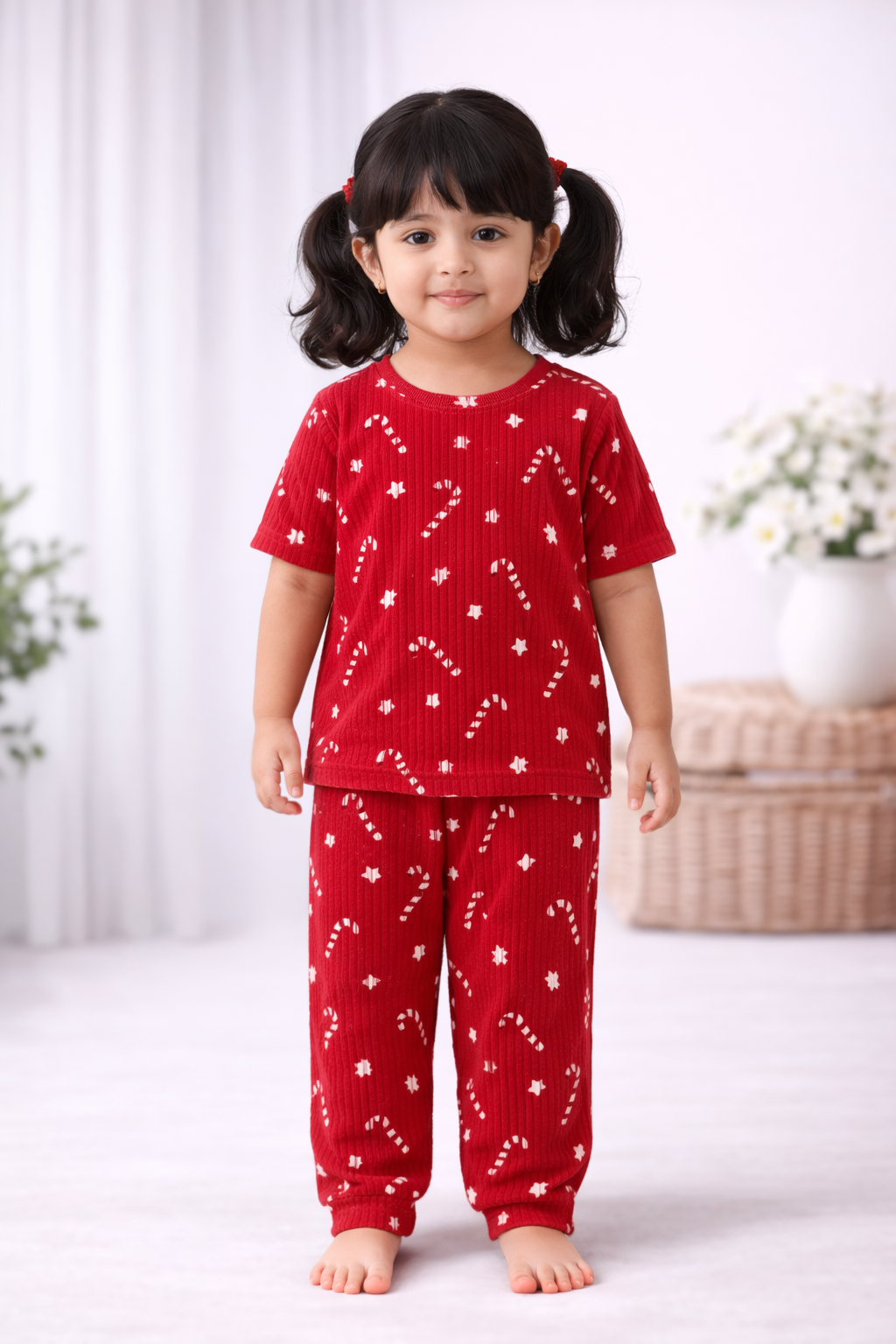 Premium Ribbed Half Sleeves Pajama Set (Red  Polka)