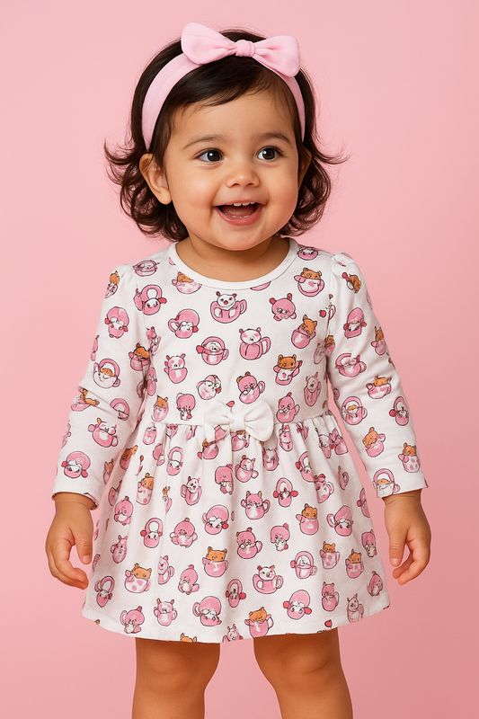 Full Sleeves BOW Frocks (Pink Kitten)
