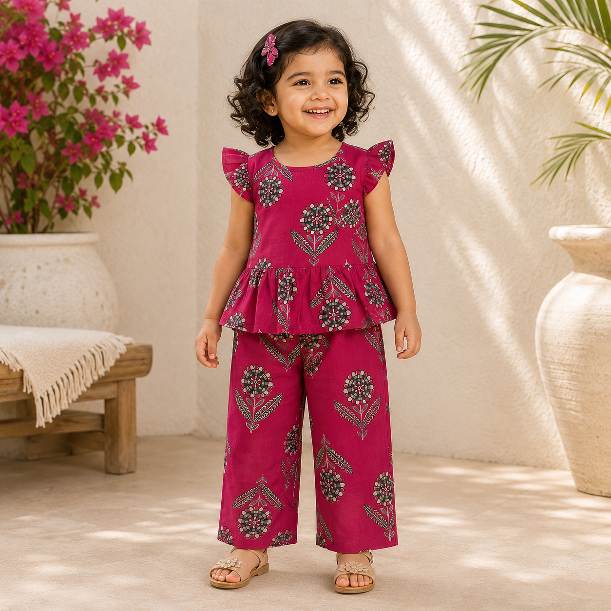 Girls Casual Cotton Printed Semi- Peplum Top & Pant Co-ord Set (0-11 Yrs) (C040)