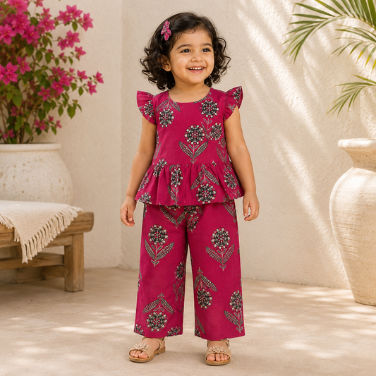 Girls Casual Cotton Printed Semi- Peplum Top & Pant Co-ord Set (0-11 Yrs) (C040)