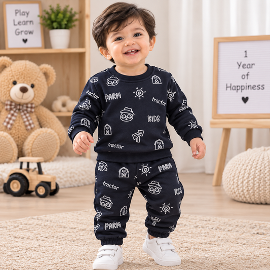 Premium Fleece Winter T-Shirt With Cuffed Pant ( Navy - Kids Tractor)