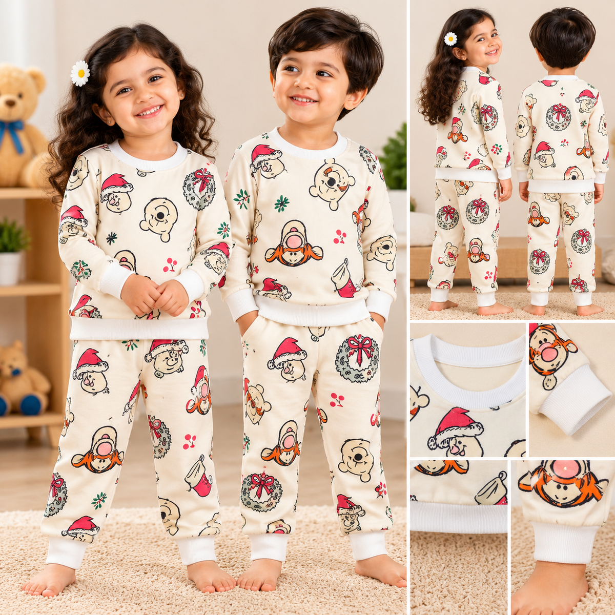 Premium Winter Full Sleeves T-Shirt with Pant (Cream Red Teddy )