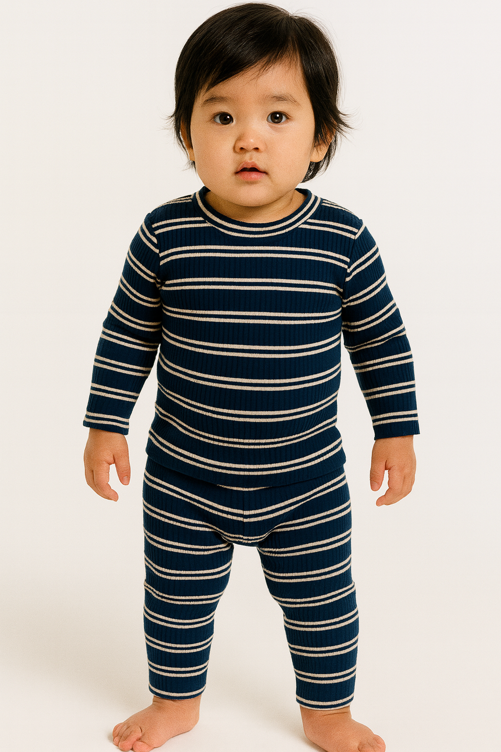 Premium Full sleeves Ribbed Tshirt with Pant (Navy Stripes Horizontal)