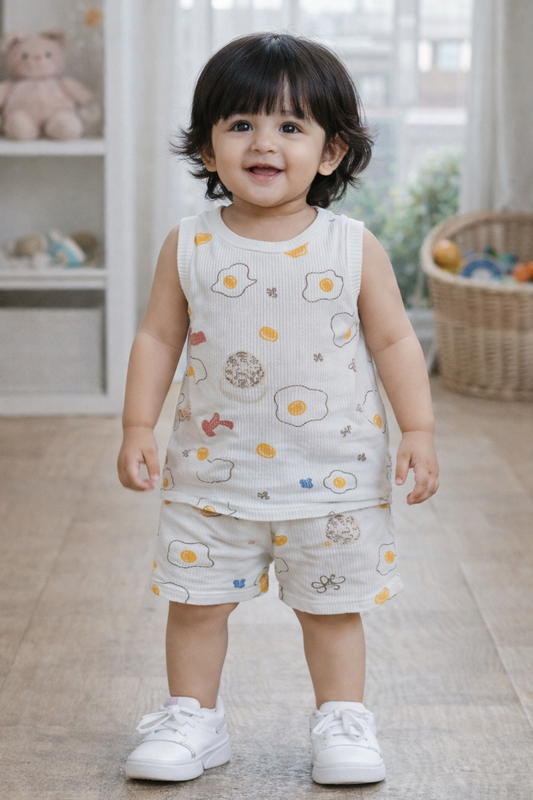 Ribbed  Sleeveless Shorts Sets (Cream Orange )