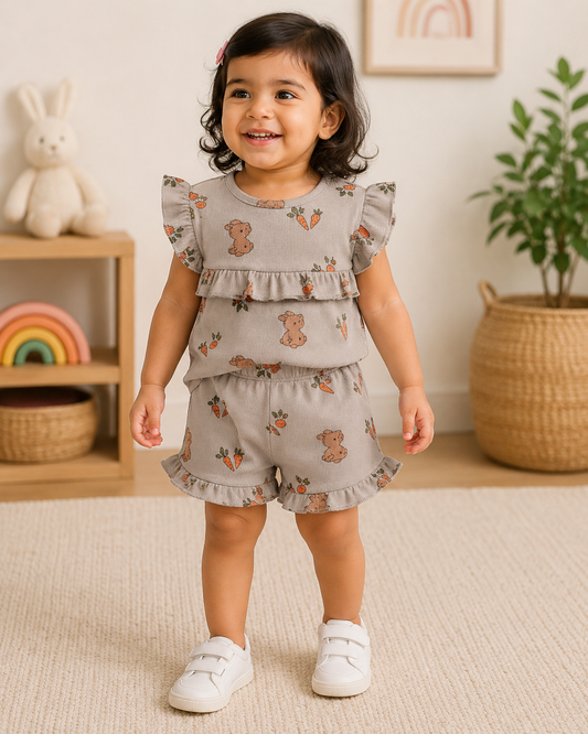 Airport - Premium Ribbed Frill Tops & Shorts Sets (Ash Carrot)