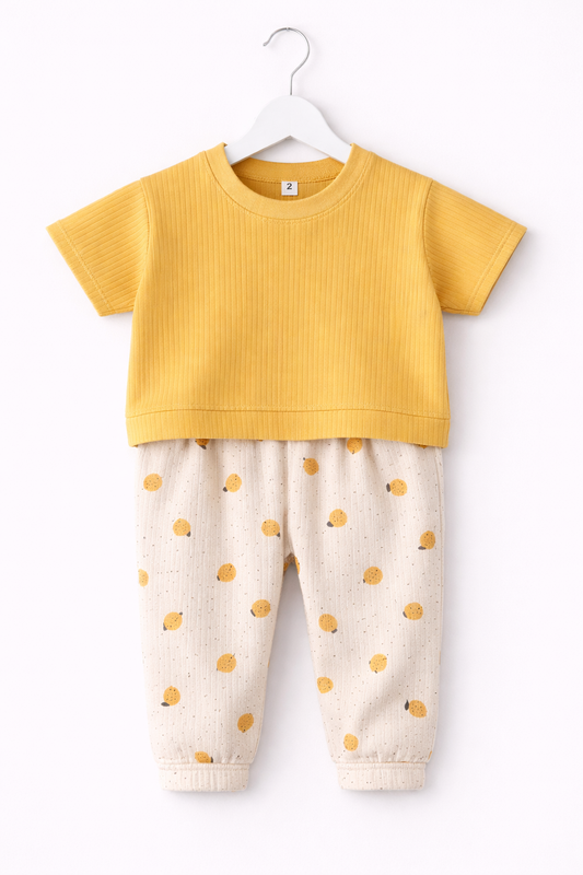 Premium Ribbed Half sleeves Tshirt with Contrast Pant( Mustard Lemon)