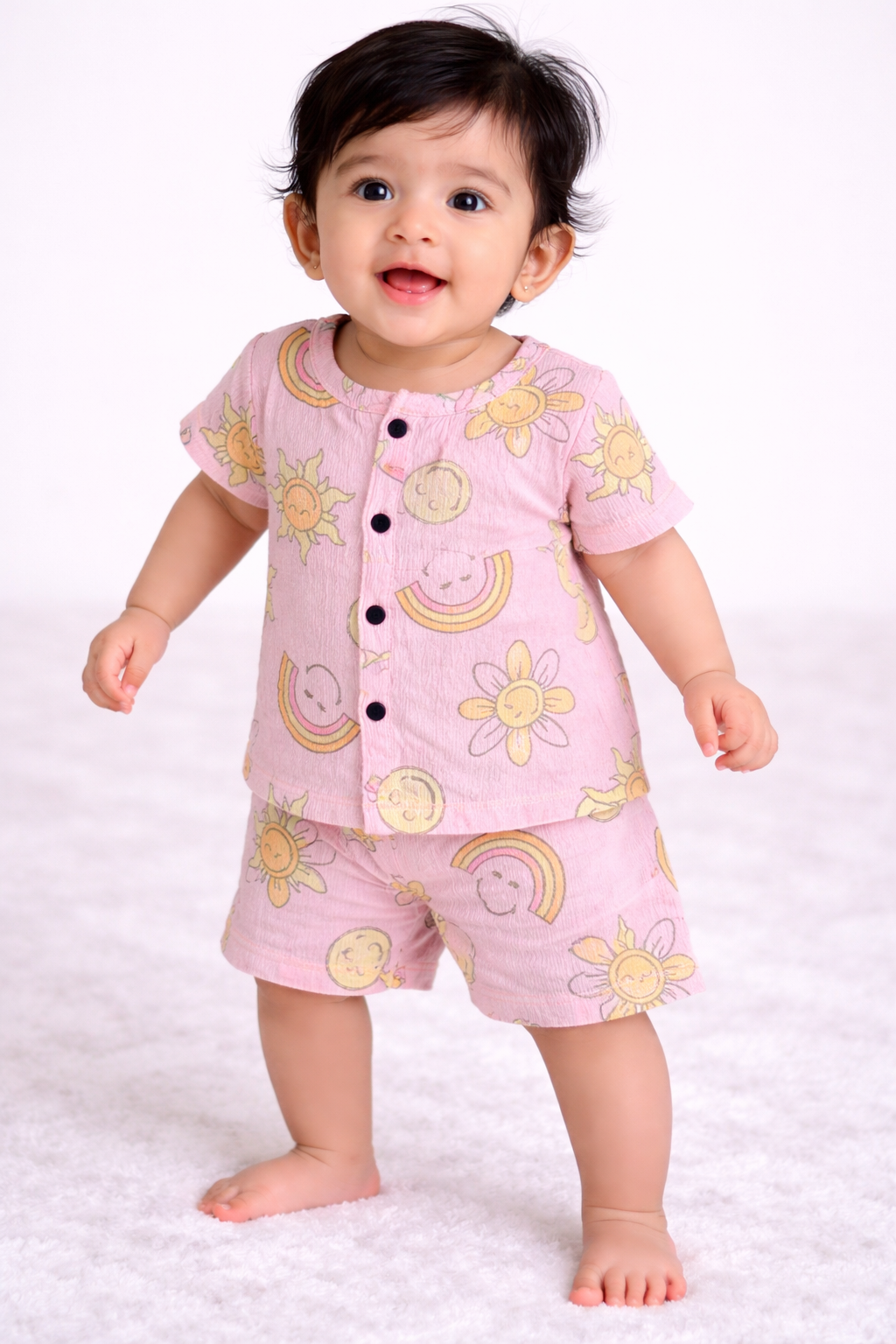 Airport - Crinkled  Front open Tshirt with Shorts Sets (Pink Smiley Rainbow)