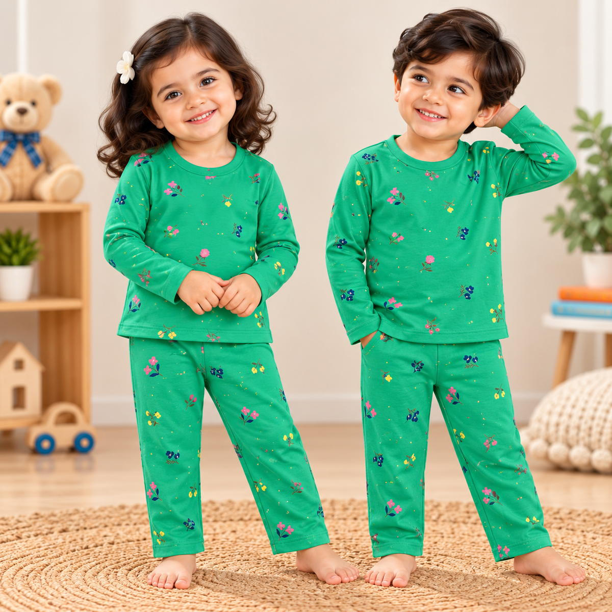 Premium Winter Full Sleeves T-Shirt with Pant (Green Flower) (Fleece)