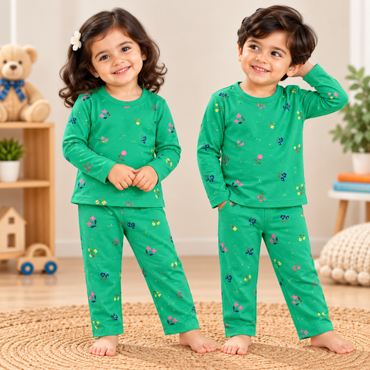 Premium Winter Full Sleeves T-Shirt with Pant (Green Flower) (Fleece)