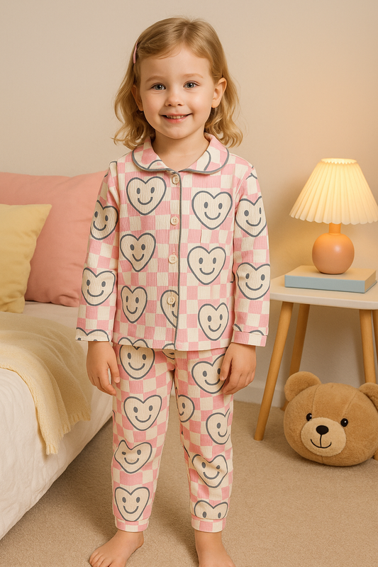 Kid's Collar night Suits (Pink Heartin)