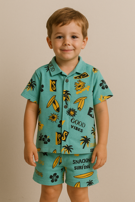 Shorts Sleeves Collared Tshirt with Shorts Sets (Snacking & Surfing)