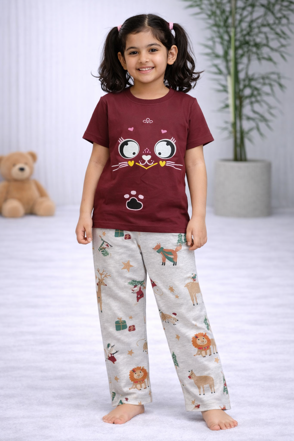 Premium Cotton Contrast Half Sleeves Pajama Set (Maroon - Star Gift)