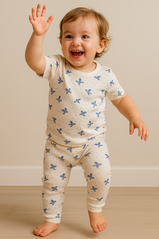 Premium Ribbed Shorts sleeves Tshirt with Pant (Small Blue Bird) (2-4 Yrs)