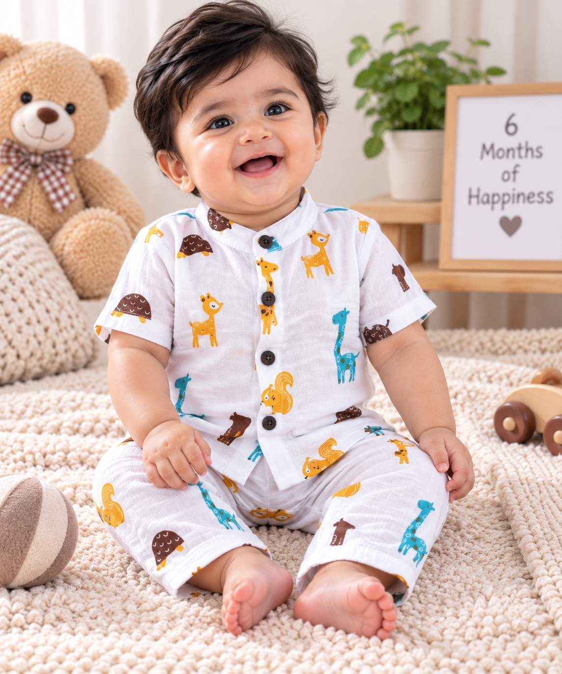 Airport - Kids Muslin Printed Co-ord Set – Chinese Collar Shirt & Pant (White Animals)