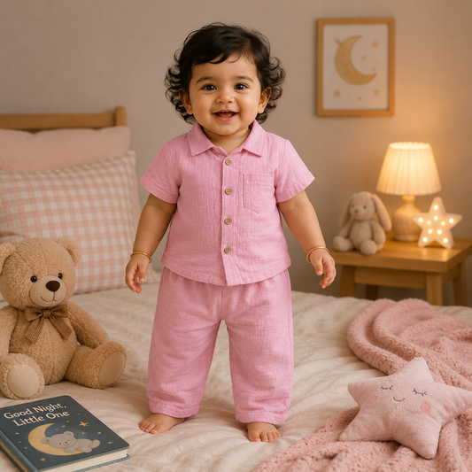 Premium Muslin Collar Co-ord Set – Shirt & Pant (Baby Pink) | 0-4 Yrs
