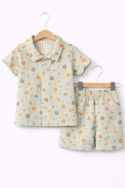 Airport - Kids Muslin Co-ord Set – Front Open Collar Shirt & Shorts (Green Square )