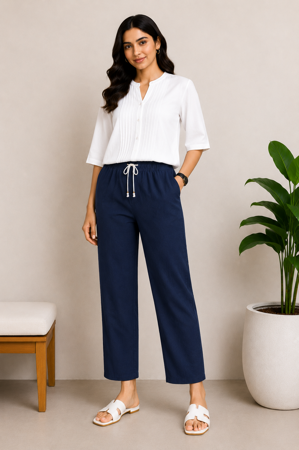 Linen Cotton Straight Pants for Women (Deep Navy Blue)