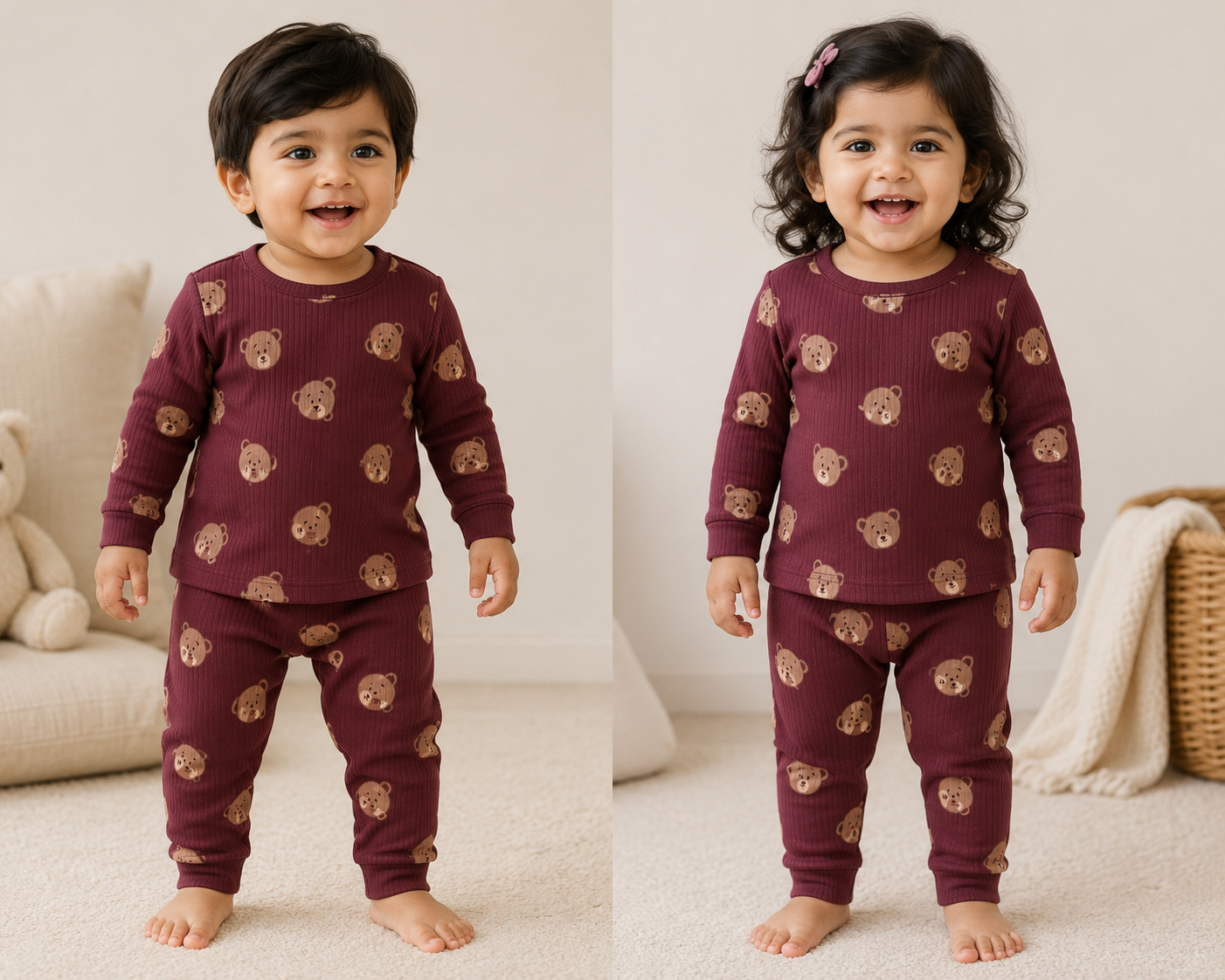 Premium   Ribbed  Full Sleeves T-Shirt With Pant (Maroon Bear)