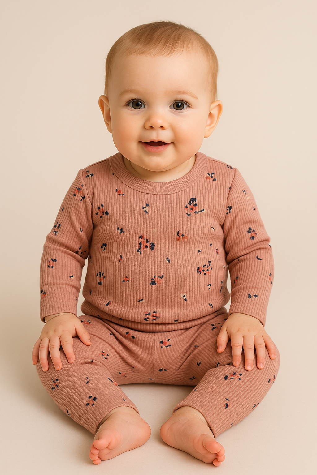 Premium Full sleeves Ribbed Tshirt with Pant (Peach Floral )