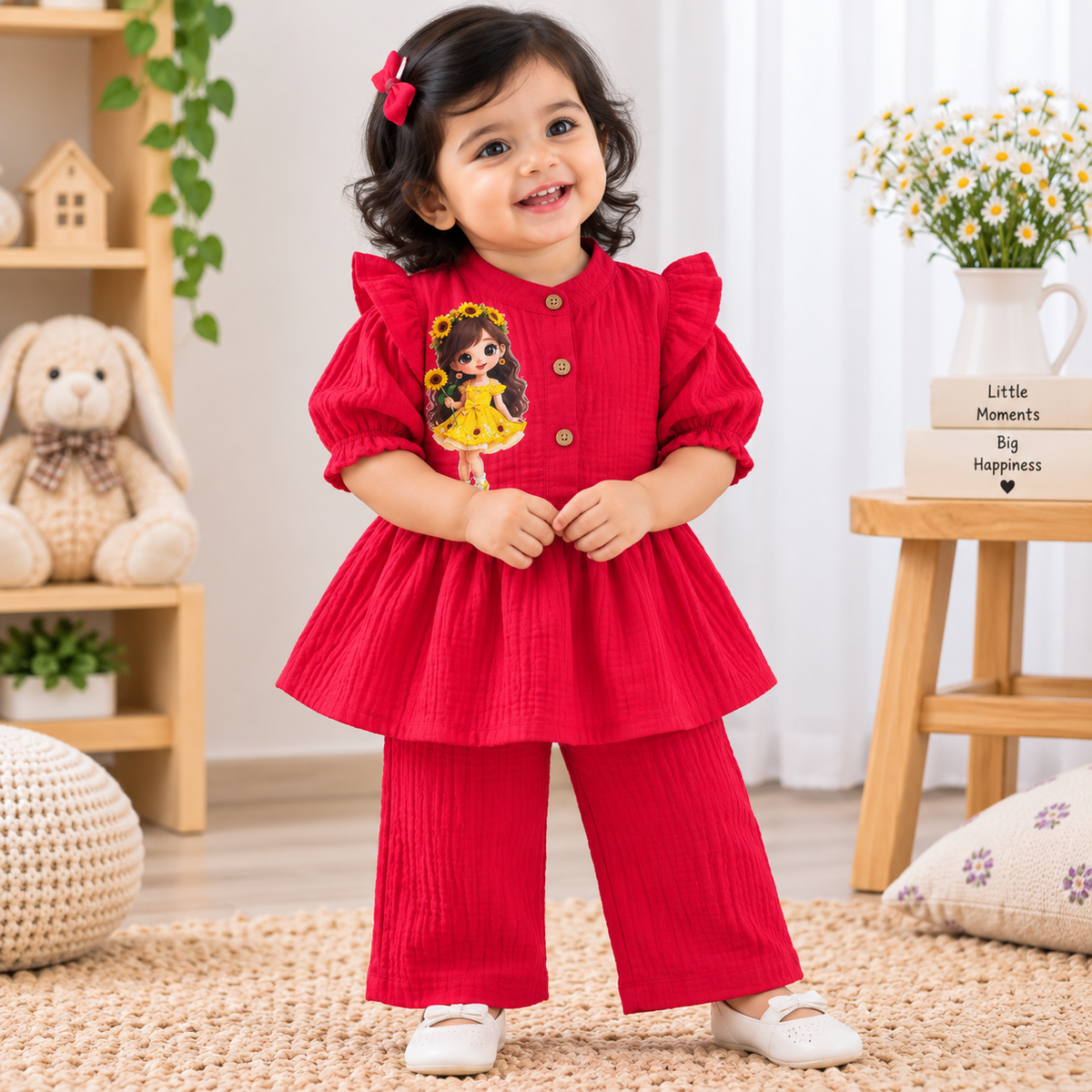 Airport - Kids Muslin Print  Balloon Sleeves Frock With Pant ( Red Yellow Girl)