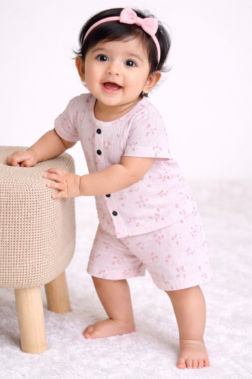 Airport - Crinkled  Front open Tshirt with Shorts Sets (Baby Pink Flower)