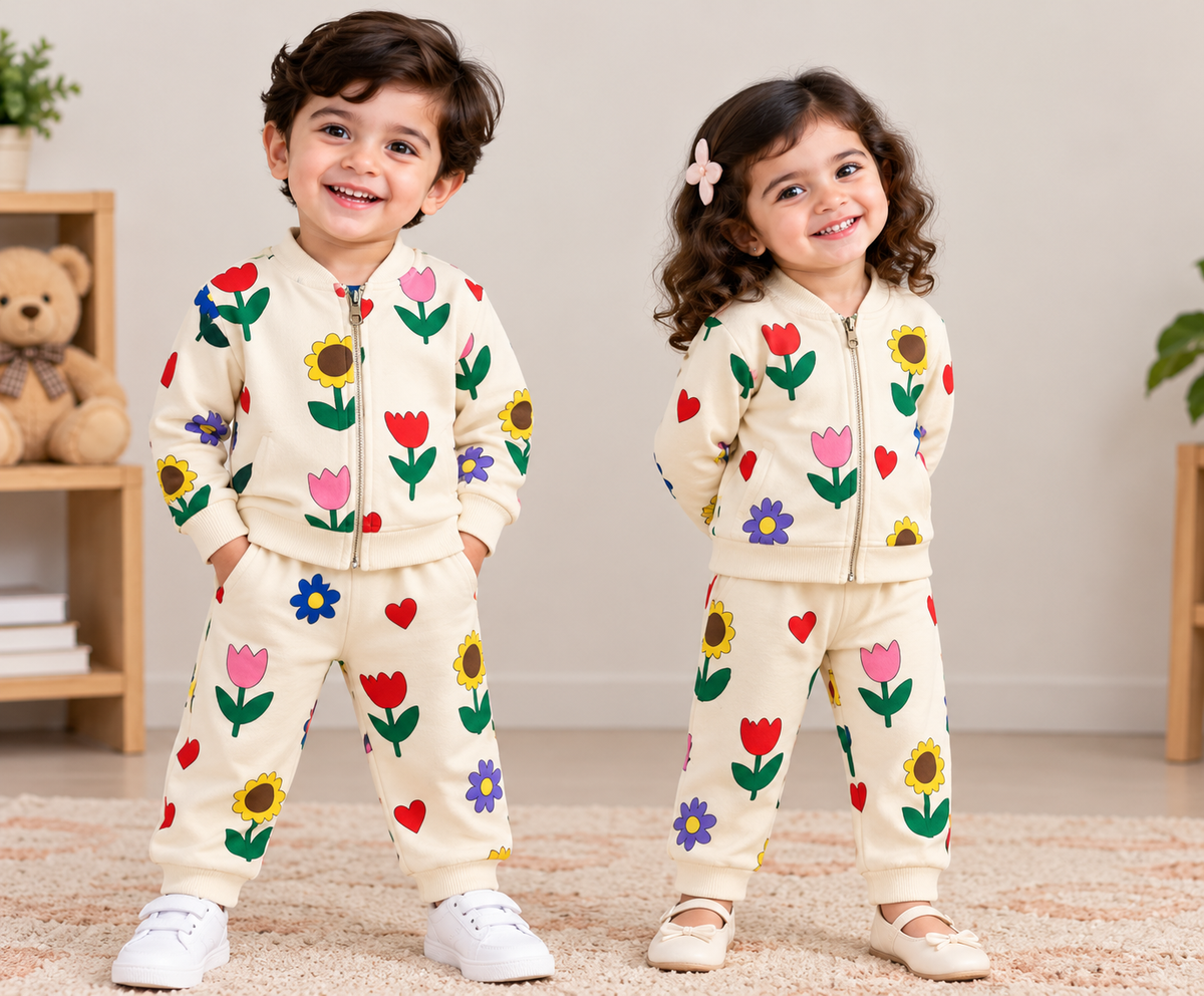 Kids Loopknit Winter Set – Full-Zip Top & Pants, Cream Lotus  (FZ009)