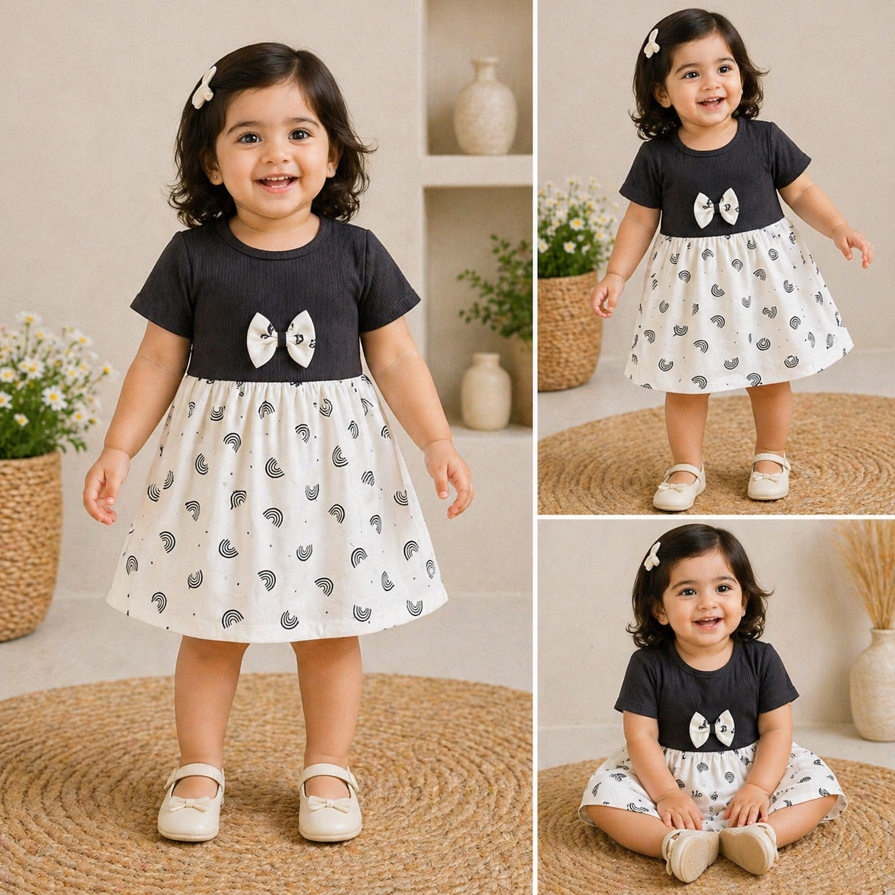 Cotton Half Sleeves Frocks With Bow (Grey  Black Rainbow)