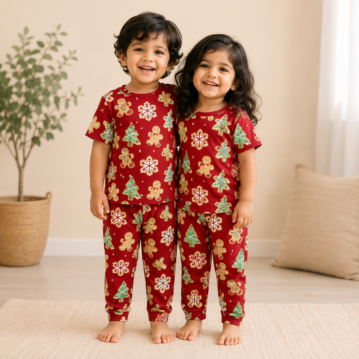 Premium Single Ribbed  Half sleeves Tshirt with Pant (Red Teddy & Flower)