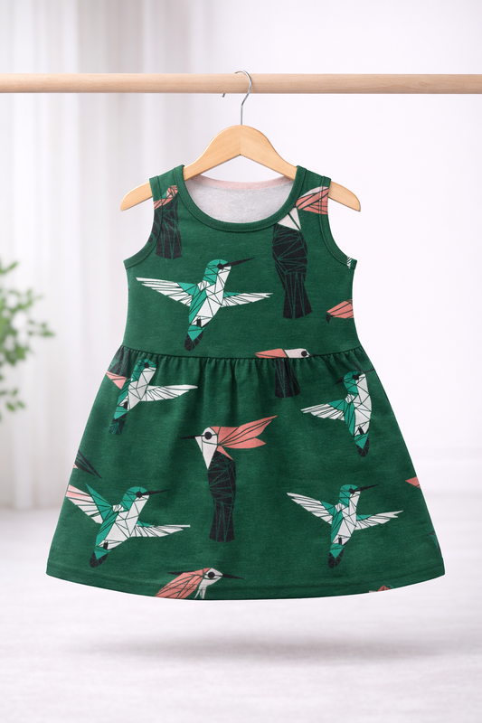 Sleeveless Cotton Frocks ( Green Bird)