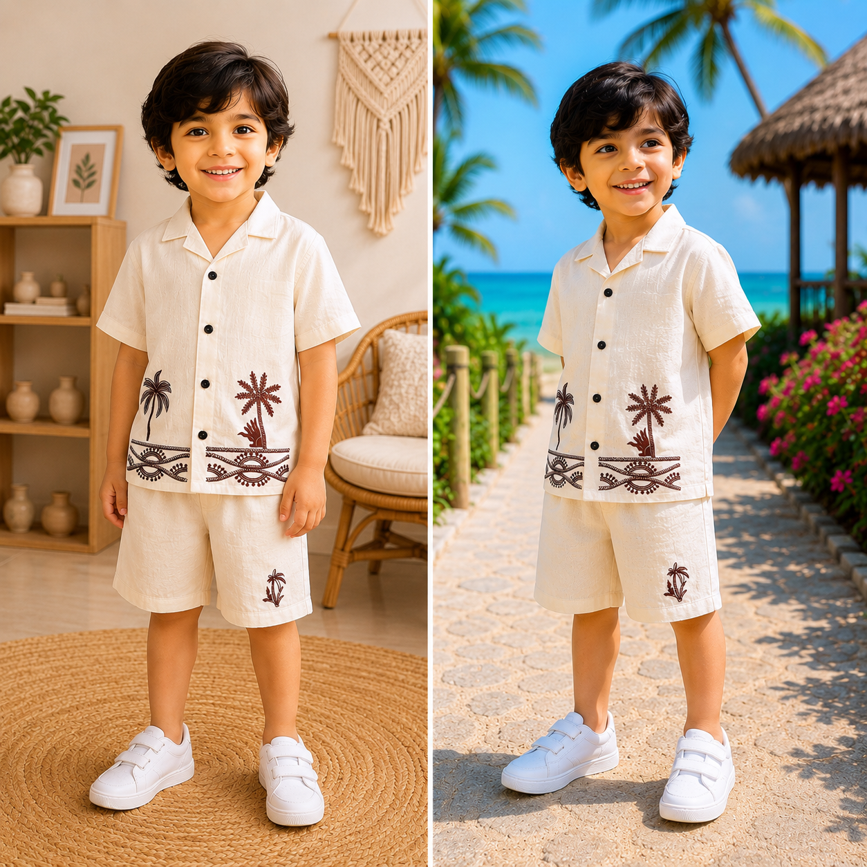 (LB013) - Linen Blend Embroidered Co- Ord Set  (Pure White Brown tress)
