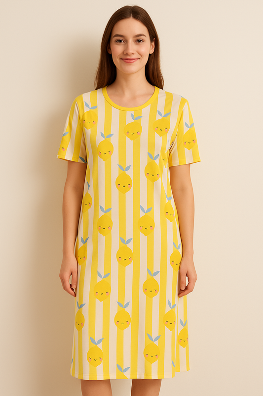 Women's Long POLO A-Line Top (Yellow Striped Lemon)