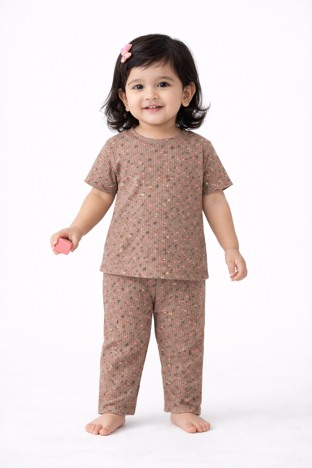 Premium Ribbed Half sleeves Tshirt with Pant (Small beige Brown)