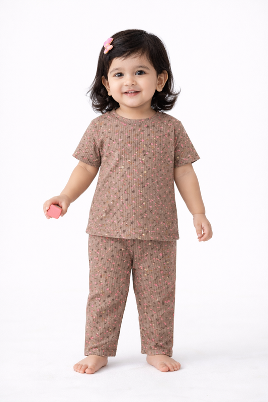 Premium Ribbed Half sleeves Tshirt with Pant (Small beige Brown)