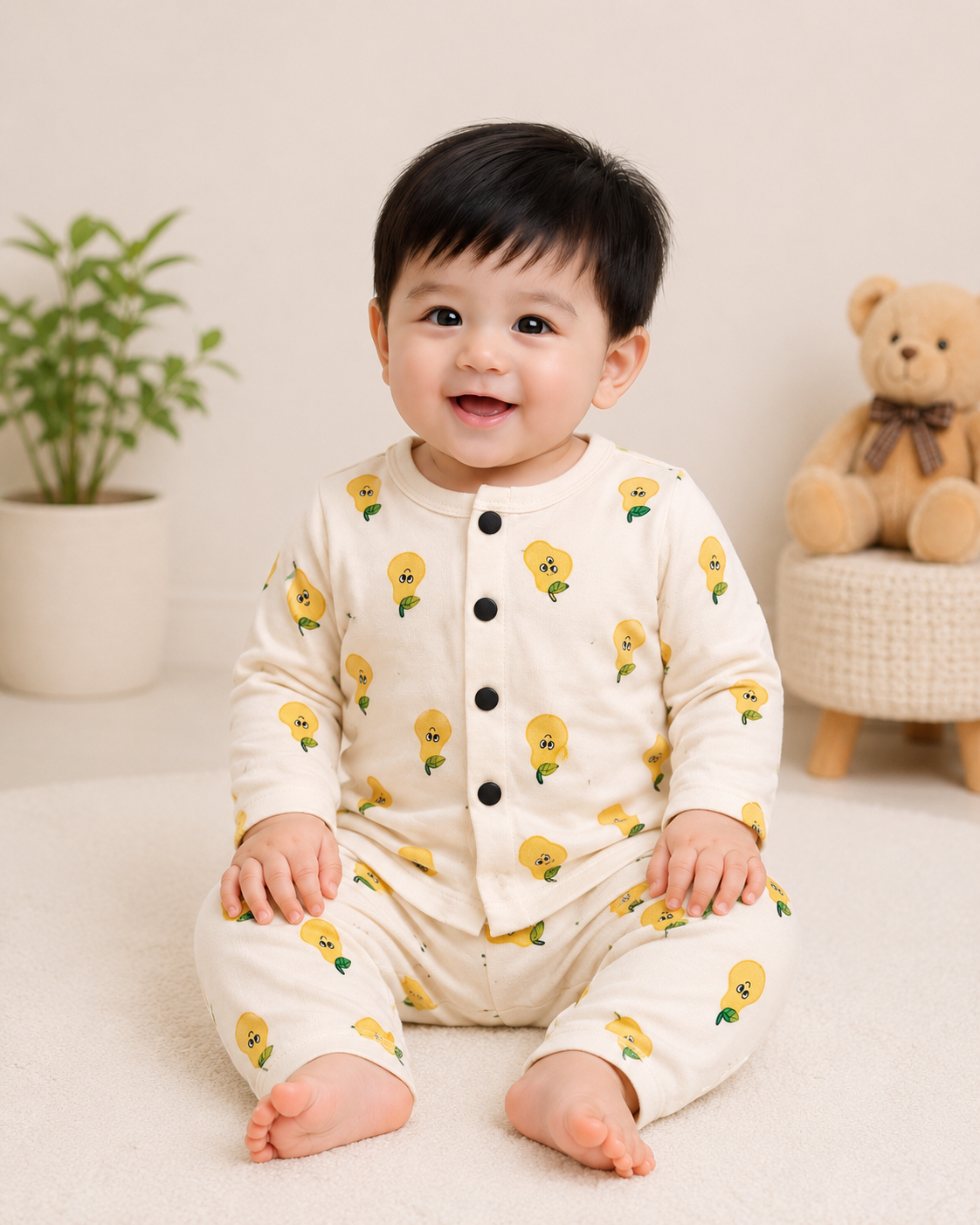 Front Open Full sleeves Ribbed Tshirt with Pant (Mango Smiley)