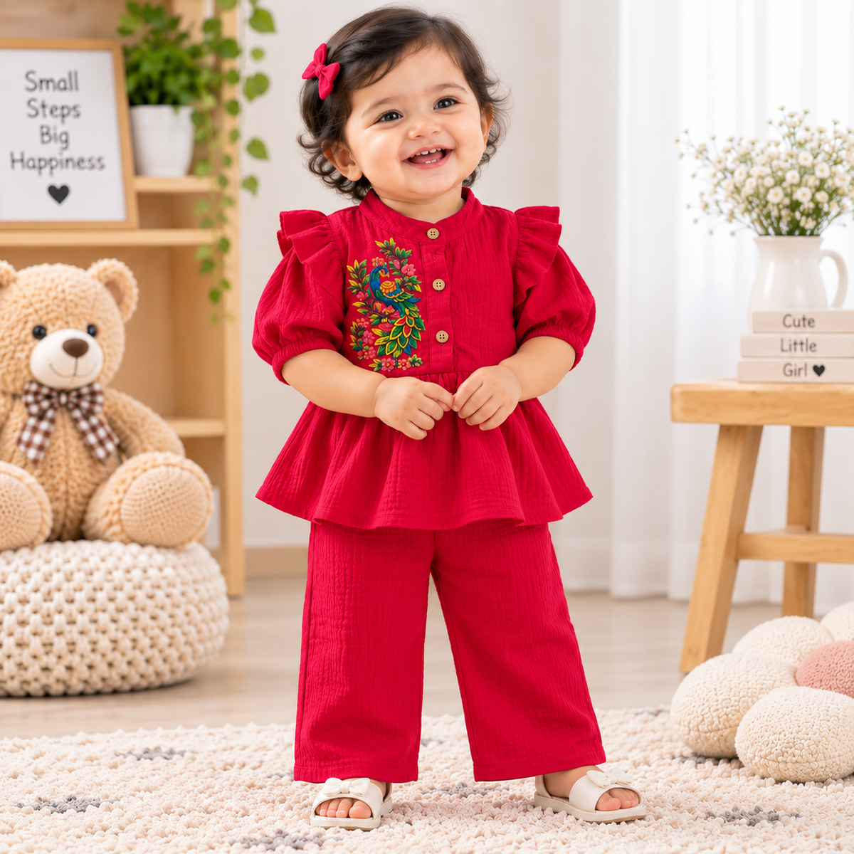 Airport - Kids Muslin Print  Balloon Sleeves Frock With Pant ( Red Peacock)