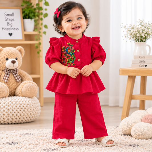 Airport - Kids Muslin Print  Balloon Sleeves Frock With Pant ( Red Peacock)