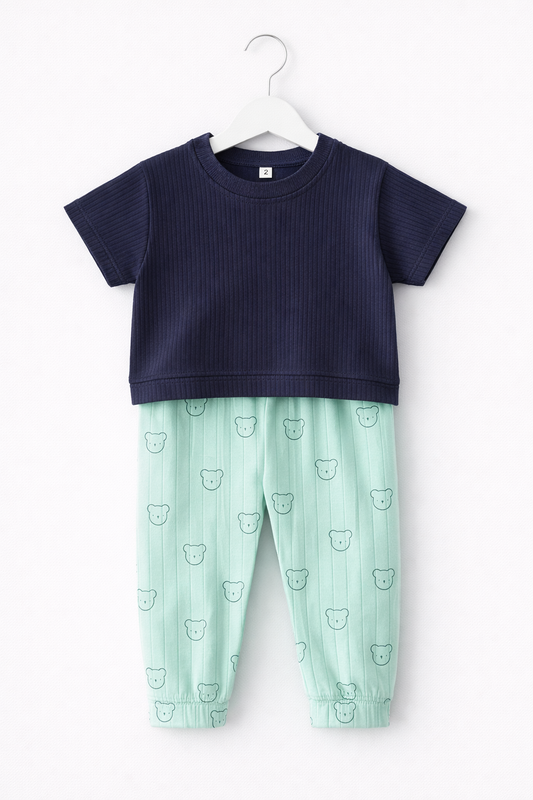 Premium Ribbed Half sleeves Tshirt with Contrast Pant( Navy Blue Faces)