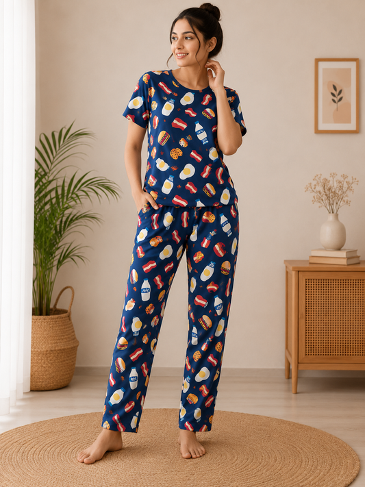 Women's Premium Cotton T-Shirt & Pant Co-Ord Set Lounge Wear With Pocket (Milk & Eggs)