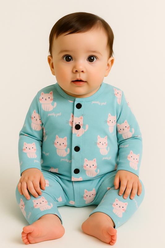 Front Open Full sleeves Cotton Tshirt with Pant (Blue Meow)