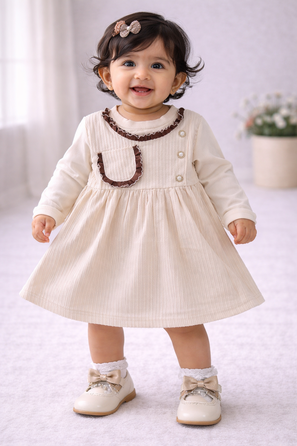 (KF017) - Premium Korean Style Baby Frock (Tan Color)