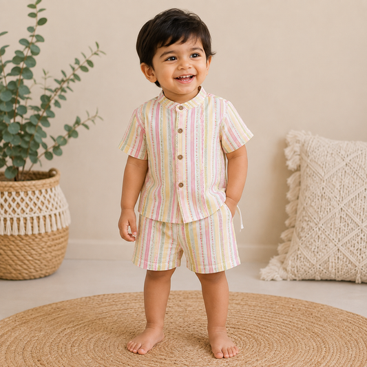 Airport - Kids Muslin Co-ord Set – Front Open Collar Shirt & Shorts (Rainbow stripes)
