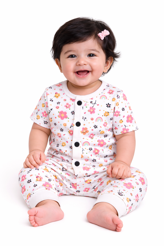 Front Open Half sleeves Cotton Tshirt with Pant (Floral Rainbow 🌈)